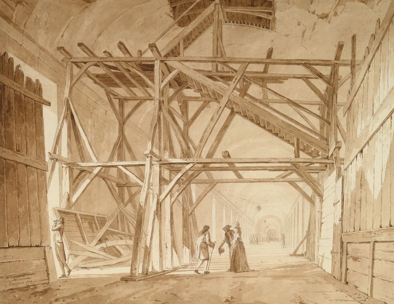Vista interior da Grande Galeria no Louvre, óleo sobre tela de Constant Bourgeois