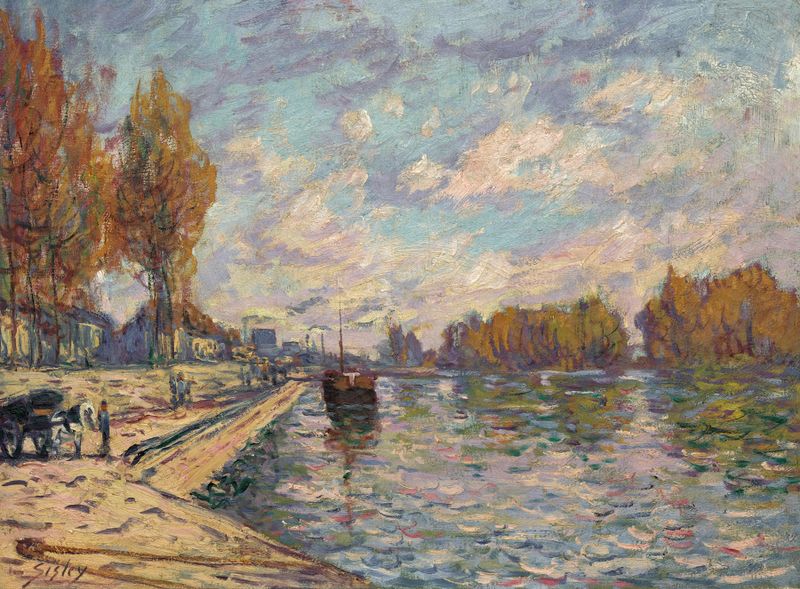 La Seine à Suresnes de Alfred Sisley, pintura a óleo que retrata uma cena de rio tranquila.