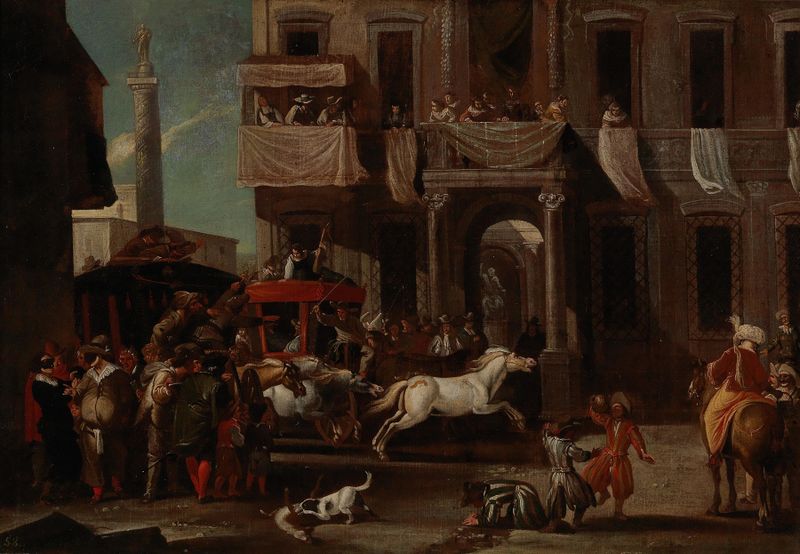 A Corrida dos Cavalos Berberes, óleo sobre tela de Jan Miel, mostrando cavalos correndo por uma paisagem.