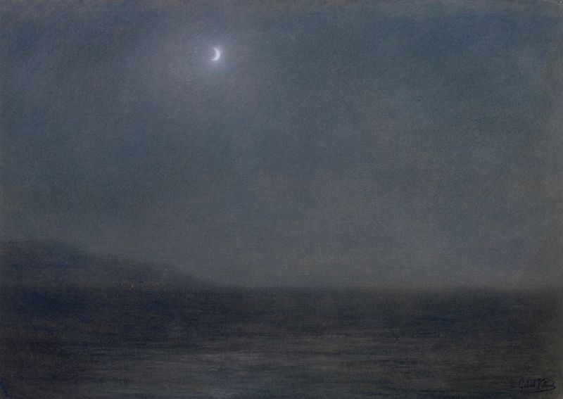 Paisaje nocturno con luna creciente, óleo sobre lienzo de Gabriel Villard