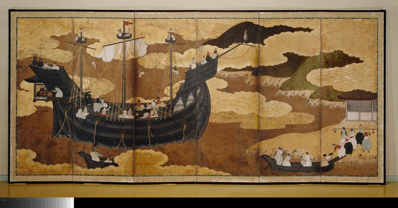 Tela dobrável representando a chegada de um navio português no Porto de Nagasaki, meio ouro, artista desconhecido