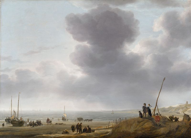 Beach View by Simon de Vlieger, oil on canvas, depicting a coastal scene with gentle waves.
