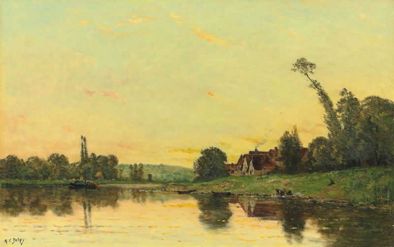Soleil Couchant à Portejoie by Hippolyte Camille Delpy, oil on canvas depicting a sunset over a tranquil landscape.