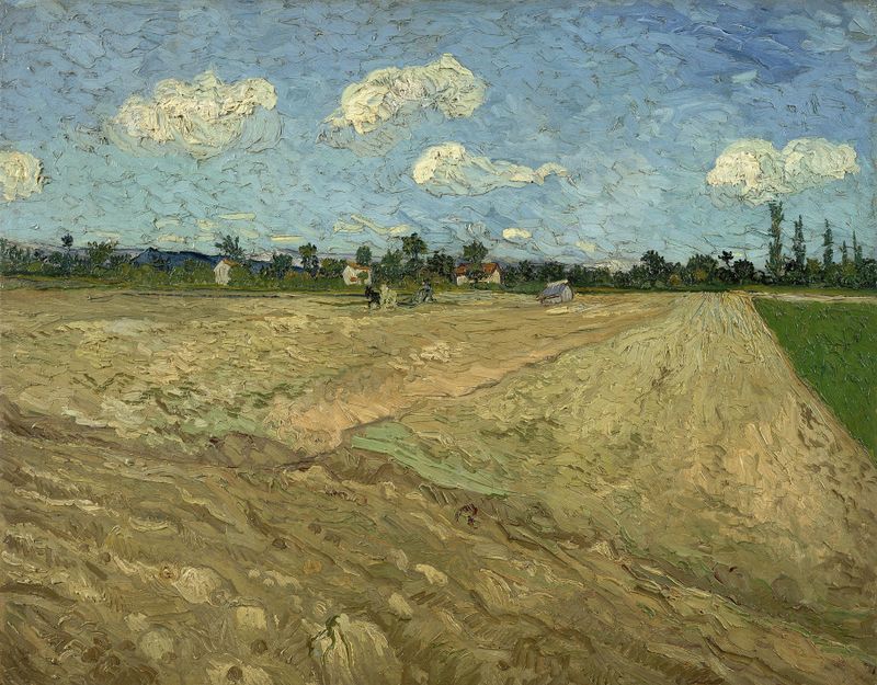 Ploughed fields de Vincent van Gogh, óleo sobre lienzo, con surcos profundos y tonos vibrantes de la tierra.