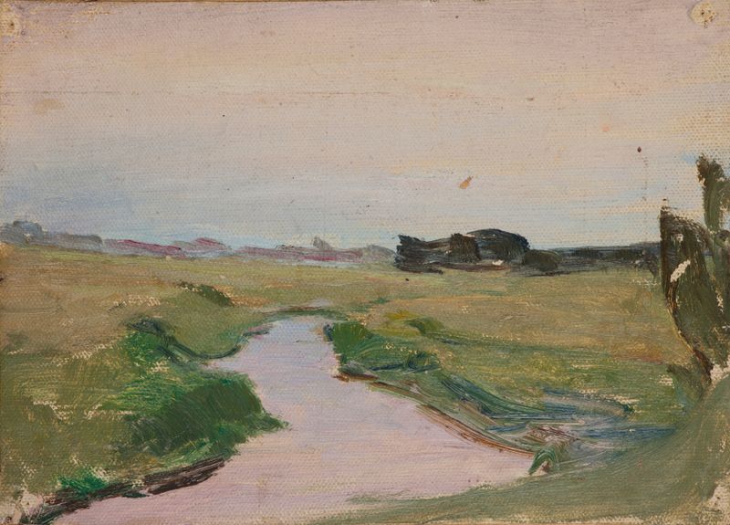 Paisaje impresionista de Jan Ciągliński, que representa un río al anochecer.