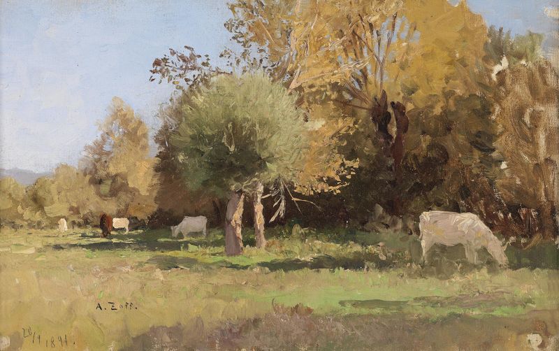 Sommerlandschaft mit Kühen de Alfred Zoff, realismo, representa vacas pastando en un prado iluminado por el sol