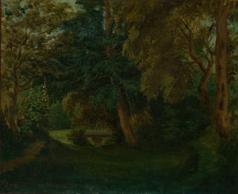 George Sand’s Garden at Nohant, oil on canvas by Eugène Delacroix, featuring a woman in a lush garden.