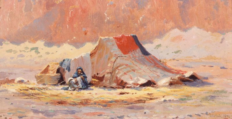 Tente Arabe Dans Le Désert À Blidah, óleo sobre lienzo de Henry Brokman, que representa una tienda en un desierto.