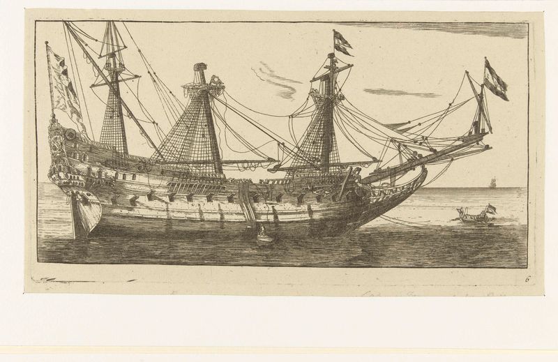Het schip De Salamander, gravura de Unknown Artist, representando um navio no mar