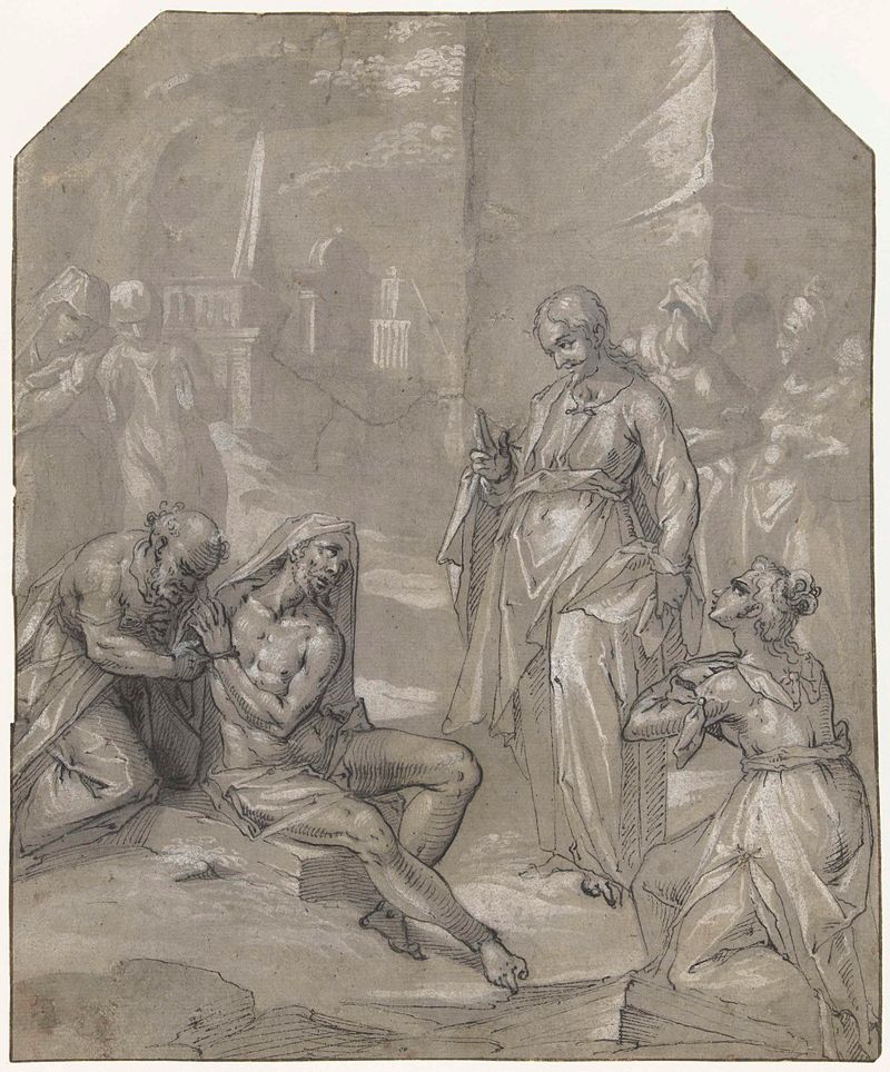 De opwekking van Lazarus de Unknown Artist, pintura al óleo que muestra una figura central en sombras profundas.