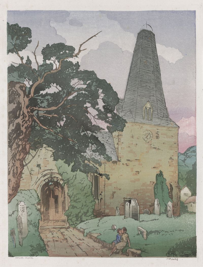 Acuarela de Porlock Church de Allen W. Seaby que representa un campanario y colinas onduladas.