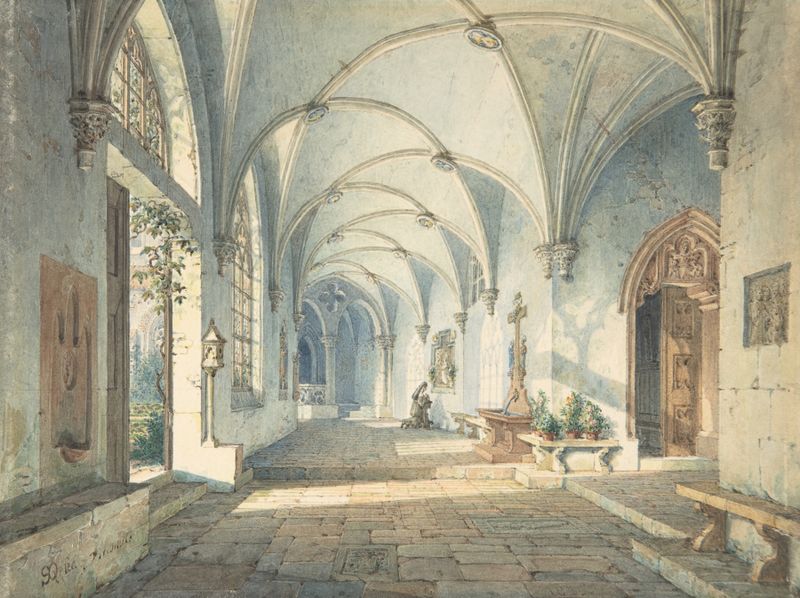 Cloisters in a Nunnery de Simon Quaglio, óleo sobre lienzo que muestra arcos y sombras.
