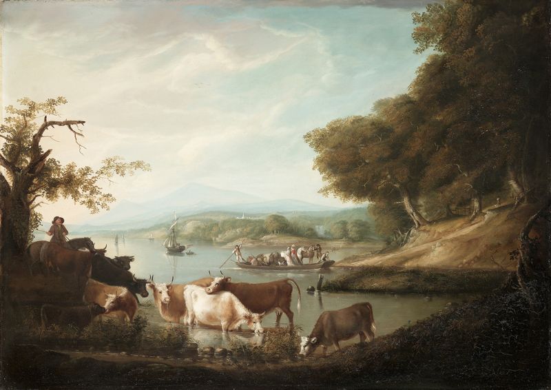 A Calm Watering Place by Alvan Fisher, oil painting depicting cattle by a river