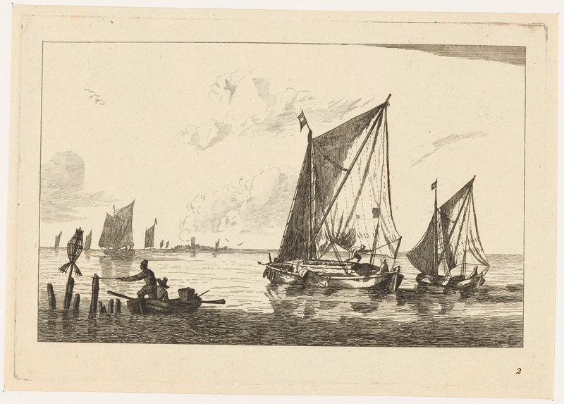 Dois barcos à vela e um bote no mar, gravura de Unknown Artist