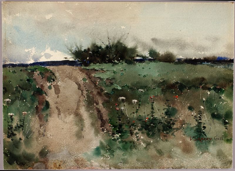 Landscape Sketch de De Lancey Gill, aquarela sobre papel mostrando suaves colinas e um céu tranquilo.