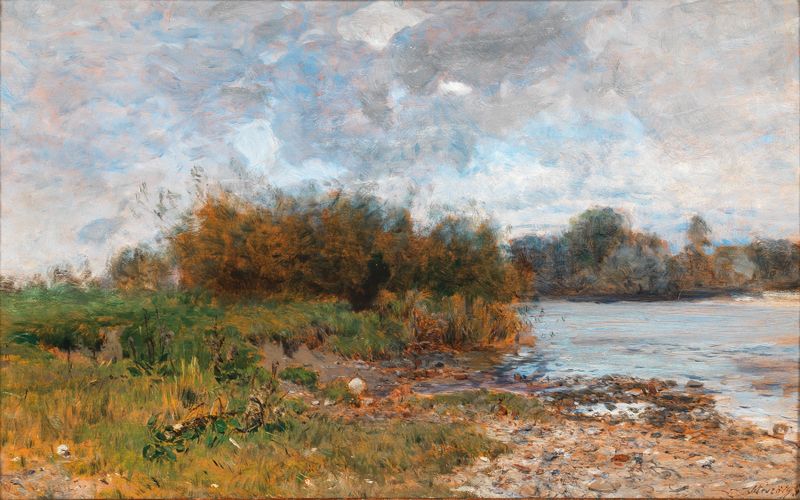 A river landscape oil painting by Géza Mészöly depicting a tranquil scene with reflections.
