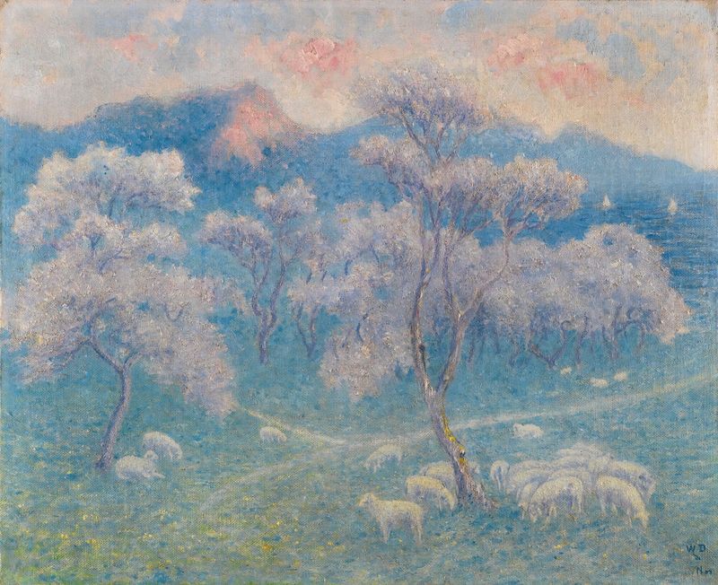 Moutons Aux Amandiers by William Degouve de Nuncques, oil painting depicting sheep under almond trees