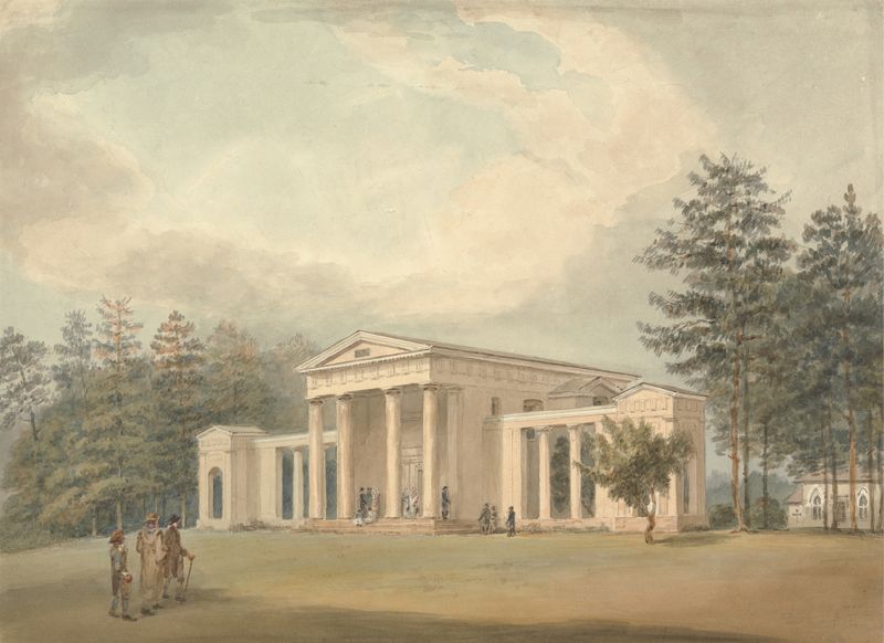Classical Church de Samuel Davis, pintura al óleo que muestra una iglesia en un paisaje