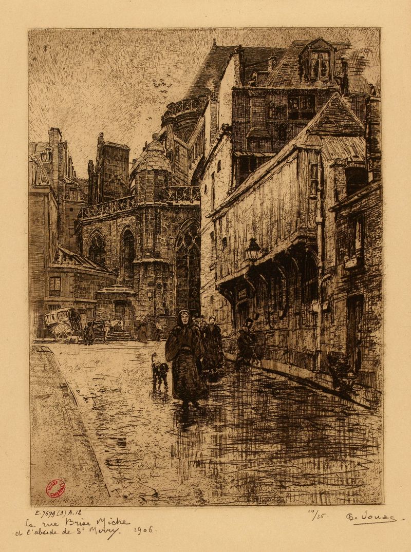 Aquarela sobre papel de Charles Jouas representando La rue Brise-miche e St-Merry