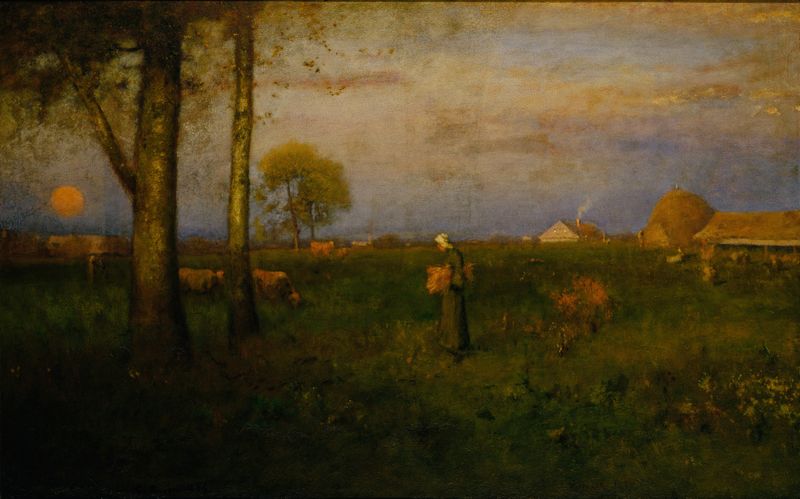 Sundown de George Inness, medio bronce que representa un paisaje crepuscular con nubes y luz dorada
