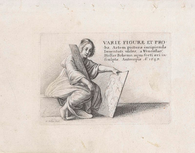 Grabado de Wenceslaus Hollar de una joven en un caballete con placas de cobre
