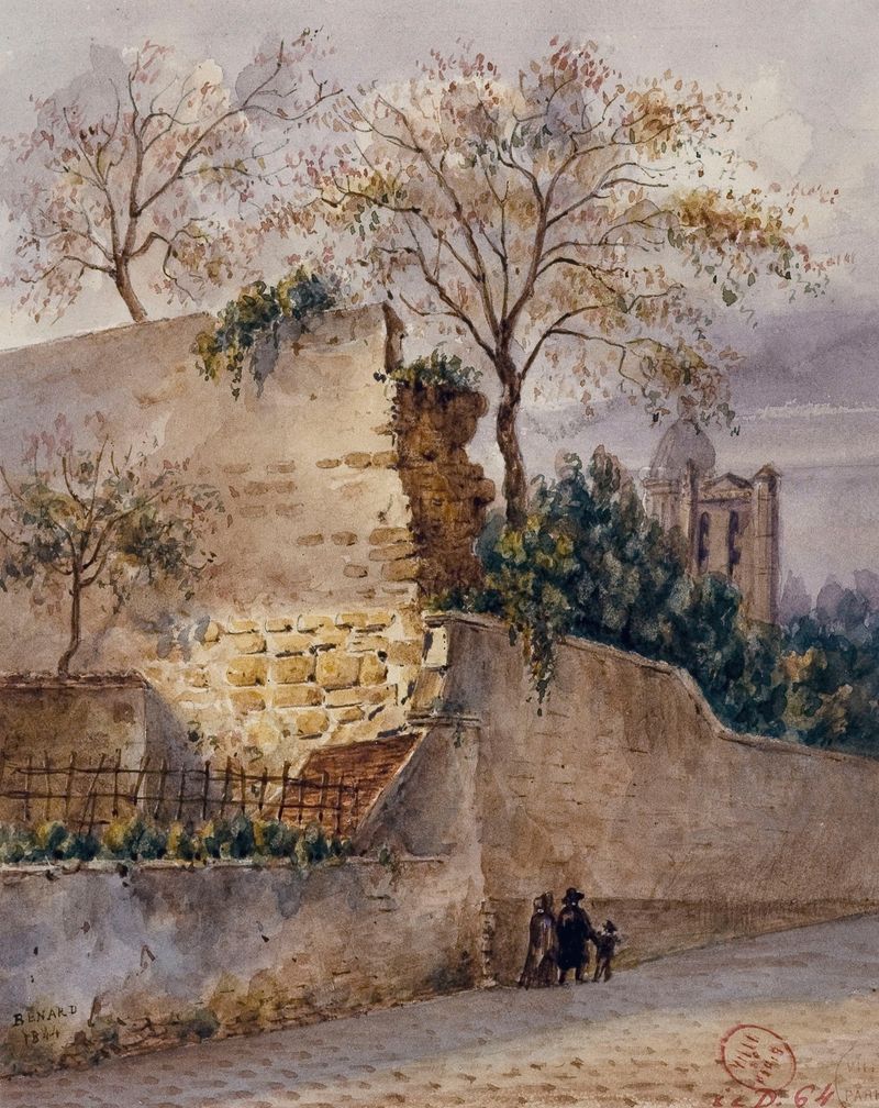 Escena de calle urbana con muro histórico, óleo sobre lienzo de Auguste-Sébastien Bénard