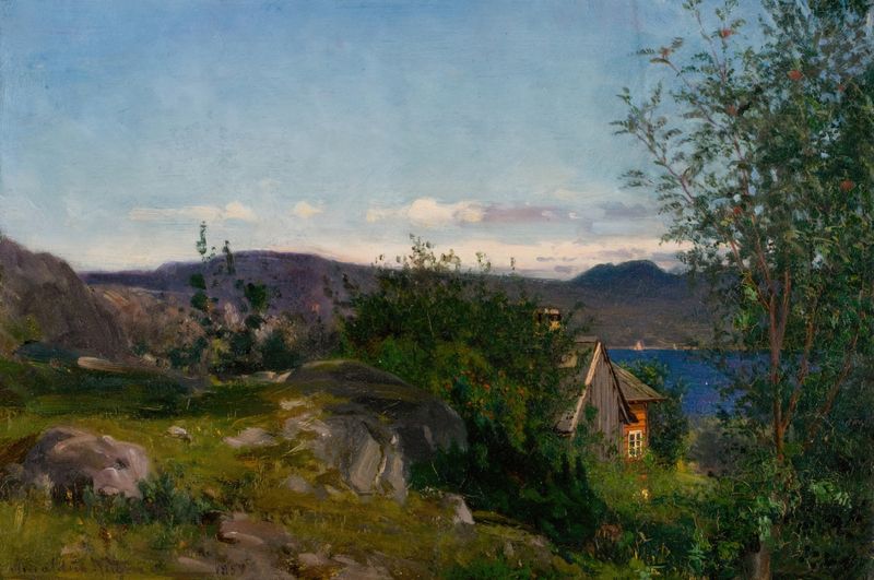 Paisaje de Ved Gjermundshavn, Hardanger de Amaldus Nielsen, pintura al óleo