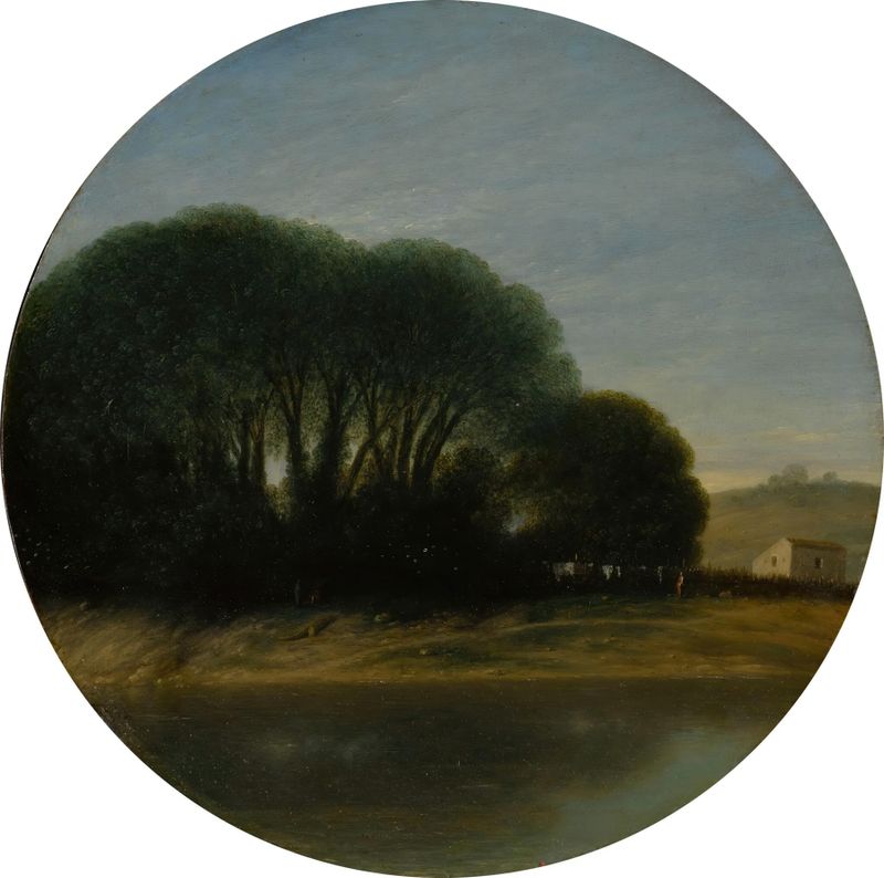 Landscape with a farm and trees beside a river, oil on canvas by Goffredo Wals