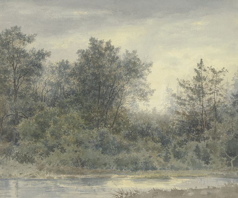 Wood by the Water, oil on canvas by Friedrich Ernst Morgenstern, depicting a tranquil forest and river.
