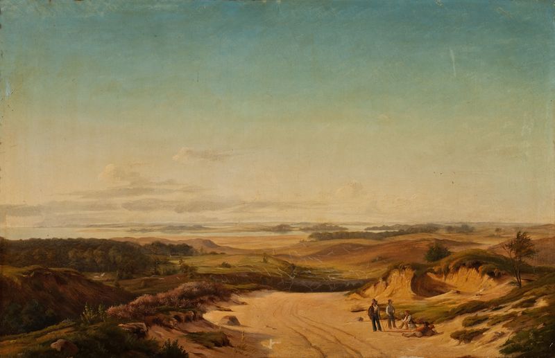 Vista da paisagem de Baunebjerg por Horsens Fjord, óleo sobre tela de Frits Grove