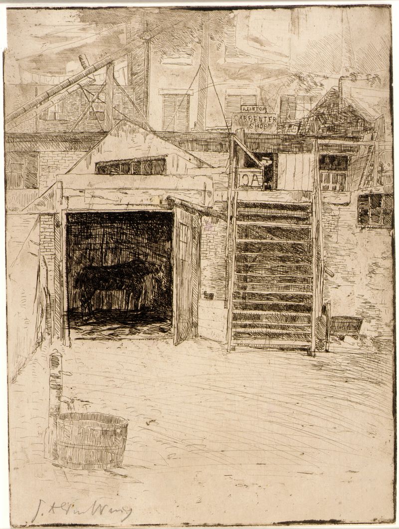 A Oficina do Carpinteiro de Julian Alden Weir, pintura a óleo mostrando um caloroso ateliê com figuras e formas de madeira.