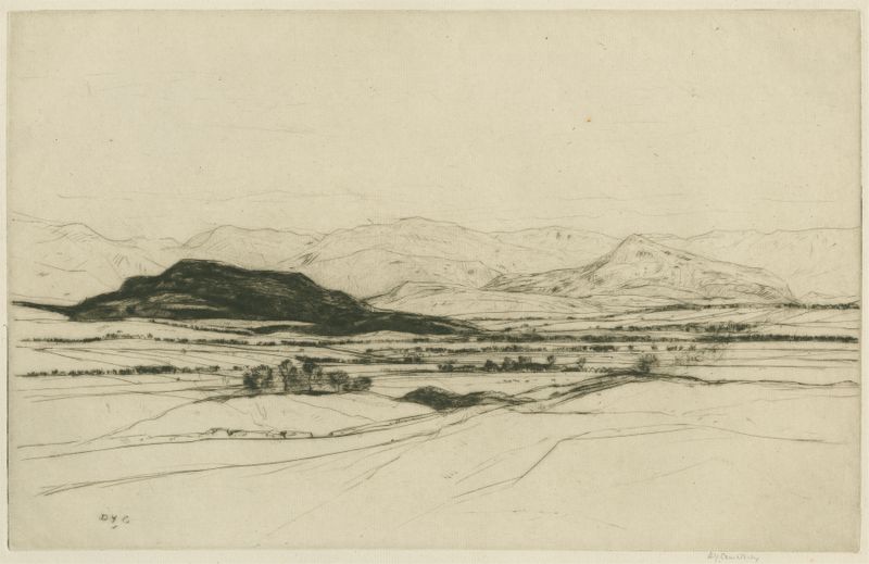 Cairngorms by David Young Cameron, oil painting depicting tranquil mountains and sky.