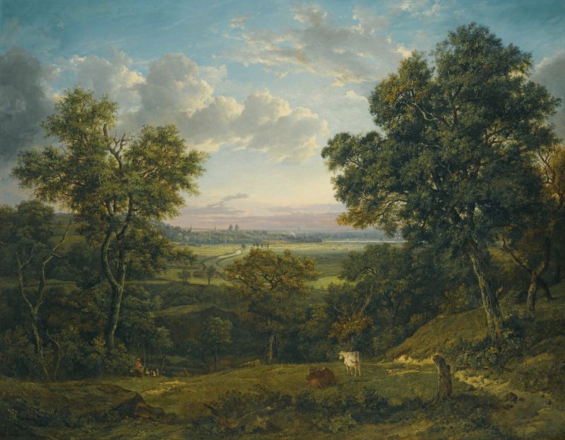 Landscape view with sunset and trees by Patrick Nasmyth, oil painting