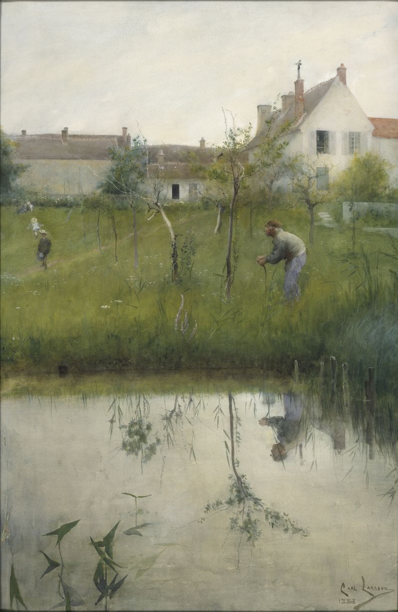 Oil painting by Carl Larsson of an elderly man tending seedlings in a garden.