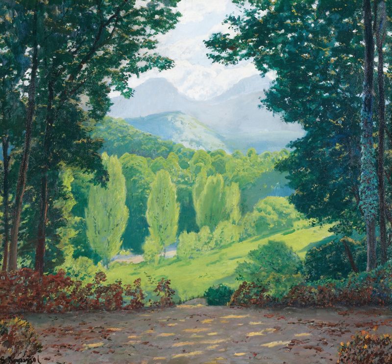 El Montseny de Santiago Rusiñol, óleo sobre lienzo que representa un paisaje vibrante con montañas y bosques
