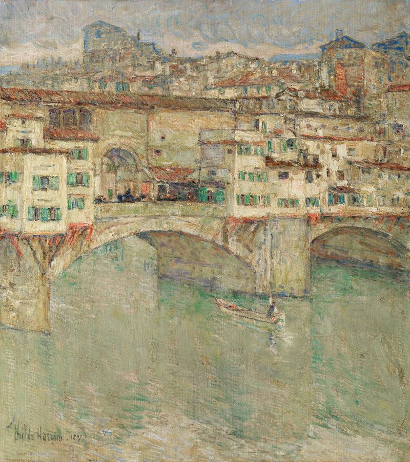 Ponte Vecchio de Childe Hassam, óleo sobre lienzo, que representa un atardecer sobre el puente y reflejos en el agua.
