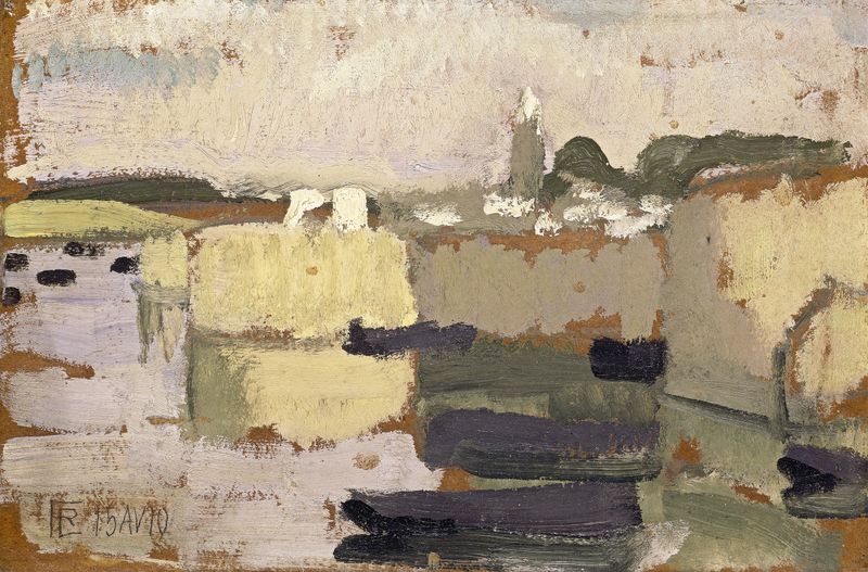 Village at the Water’s Edge by Roger de La Fresnaye, oil on canvas depicting a tranquil village by water.
