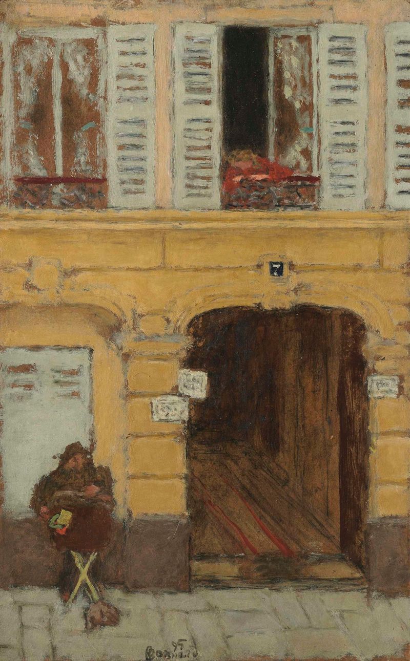 Figurative depiction of an organ grinder by Pierre Bonnard, oil painting.