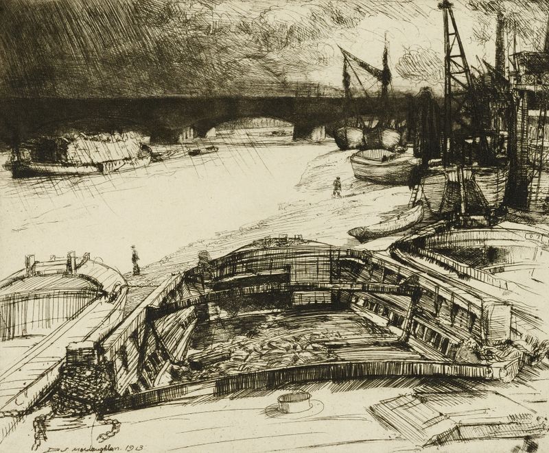 Wind and Rain on the Thames, óleo sobre lienzo de Donald Shaw MacLaughlan