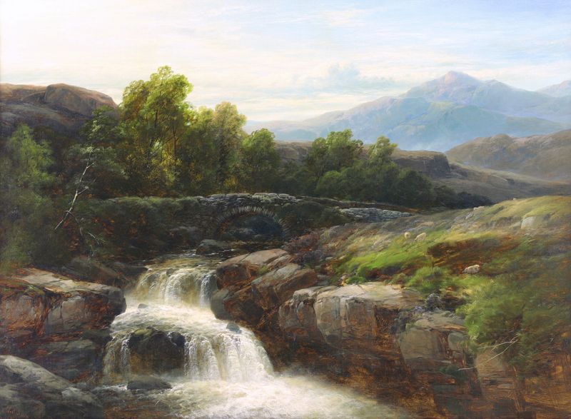 Paisaje de páramo con cascada de James Burrell Smith, pintura al óleo