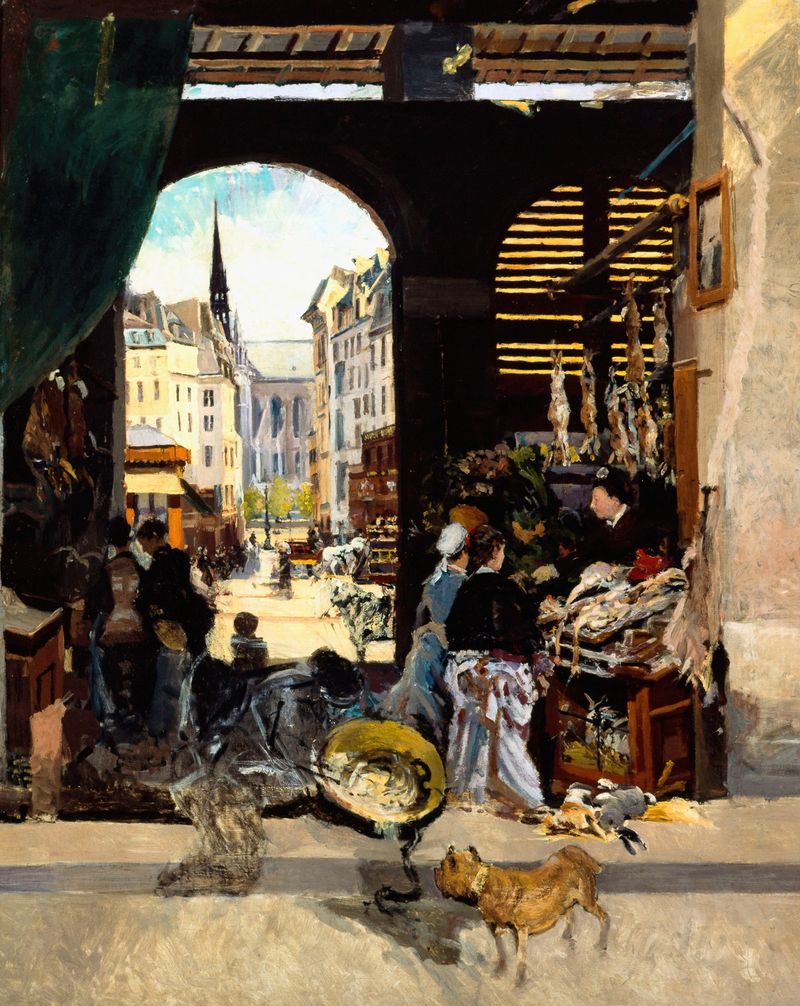 Cena de gênero representando um mercado com figuras e produtos de Emile Antoine Guillier
