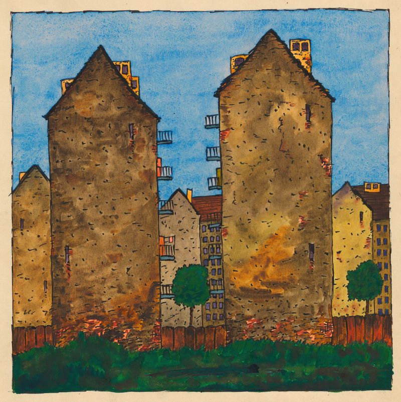 Architecture of crumbling worker's houses by Karl Wiener, oil painting