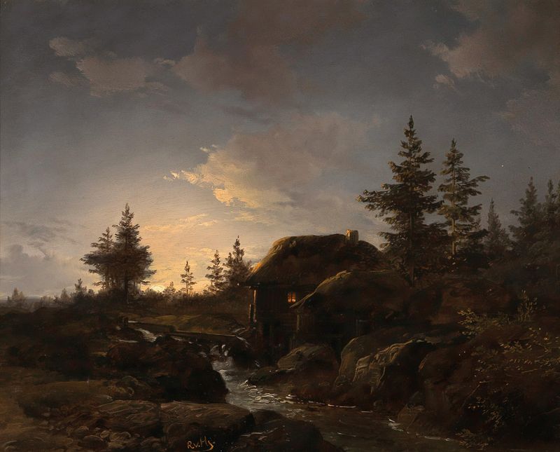 A Moonlit Night by Remigius Adrianus van Haanen, figurative oil painting of a figure in moonlight.
