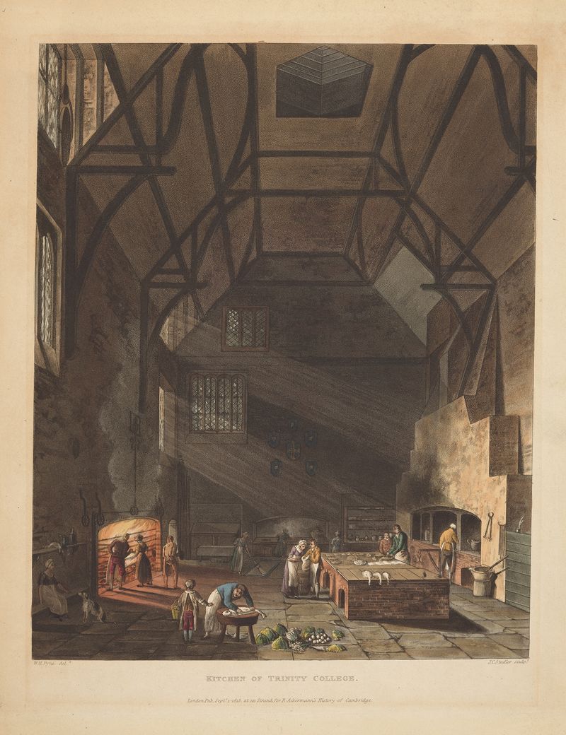 Kitchen scene with staff cooking, engraving by Joseph Constantine Stadler