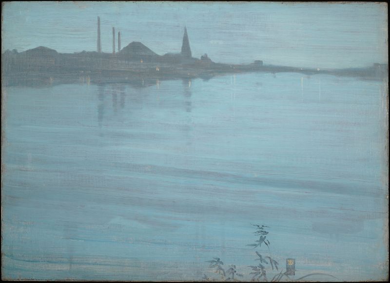 Nocturne in Blue and Silver by James Abbott McNeill Whistler, wood medium, depicting a tranquil marine scene.