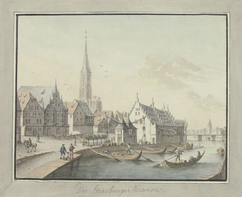 Engraving by Johann Caspar Zehender depicting a crane in a river landscape