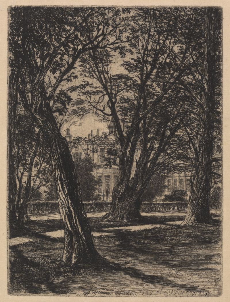 Grabado de Francis Seymour Haden que representa un paisaje sereno en Kensington Gardens