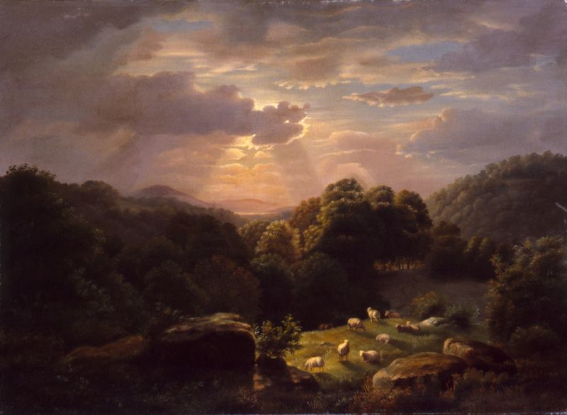 Landscape with Sheep de Robert S. Duncanson, óleo que muestra colinas onduladas y ovejas dispersas