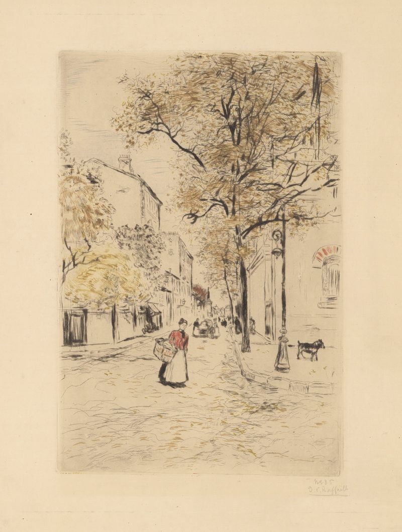 La petite rue de Jean François Raffaëlli, óleo sobre lienzo que representa un camino de adoquines y sombras de pueblo.
