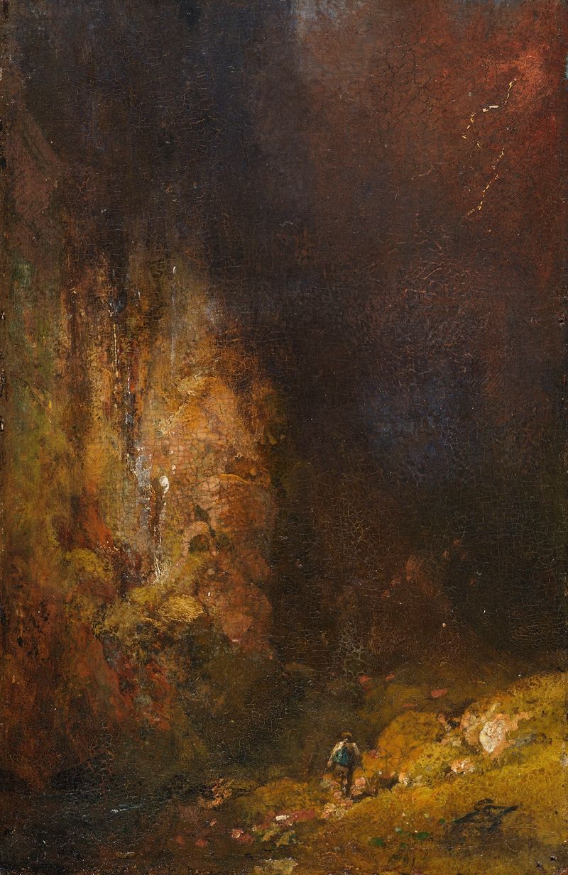 Wanderer in der Gebirgsschlucht bei Gewitter, óleo sobre lienzo de Carl Spitzweg, que representa una figura en un desfilad...